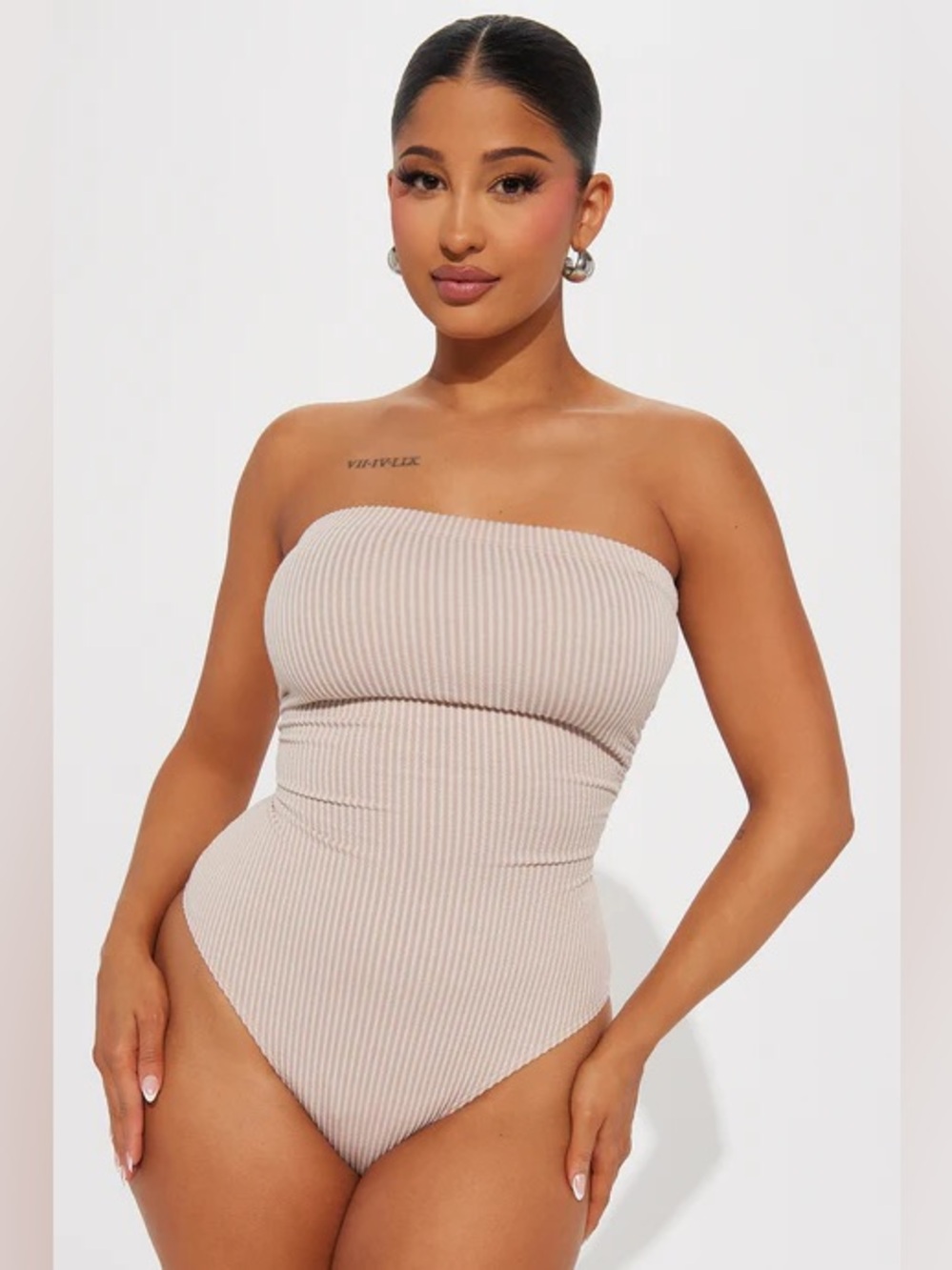 Fashion Nova Rylin Ribbed Strapless Bodysuit - Beige